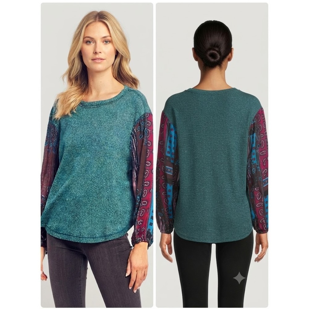 Chelsea & Theodore Waffle Knit Top Womens 1X Paisley Patchwork Balloon Sleeves